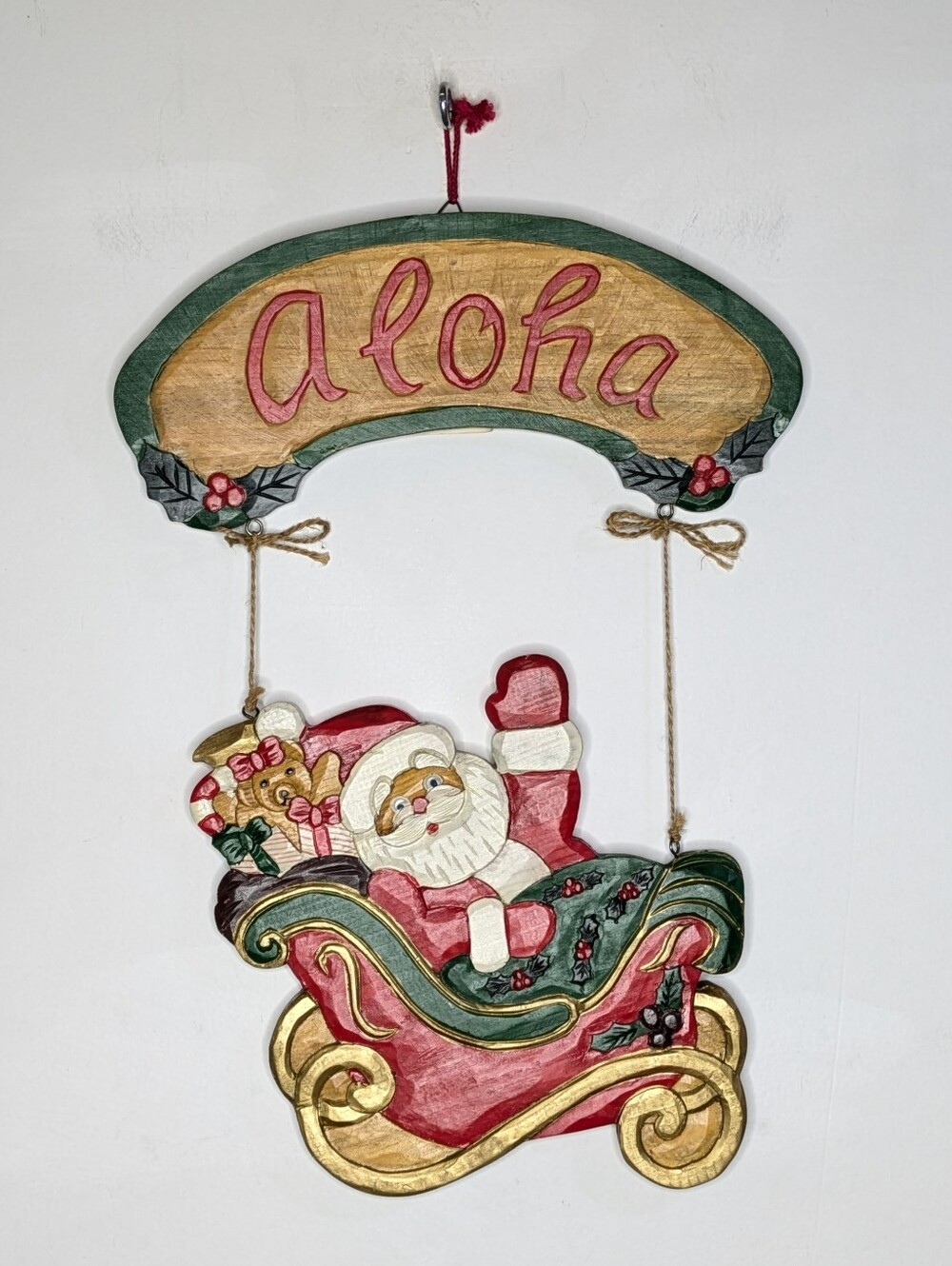 Vintage Wooden Red Green Tan Christmas Holiday Aloha Santa Door Welcome Sign